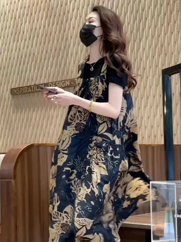 

Летний комплект Ele Summer Print ter Dr из двух предметов: брюки с высокой талией и прямыми штанинами, легкая полиэстеровая ткань, для повседневной носки