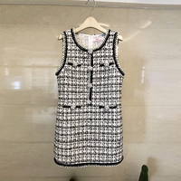 2024 New Autumn Winter Black Plaid Tweed Vest Dress Vintage High Quality Women O Neck Sleeveless Tank Pearls Beaded Button Dress