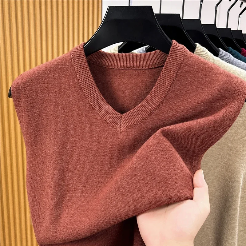 Mens V Neck Knit Vest Sleeveless Sweater Soft Thin Knitwear Casual Business Basic Tank Top For Autumn Daily Wear