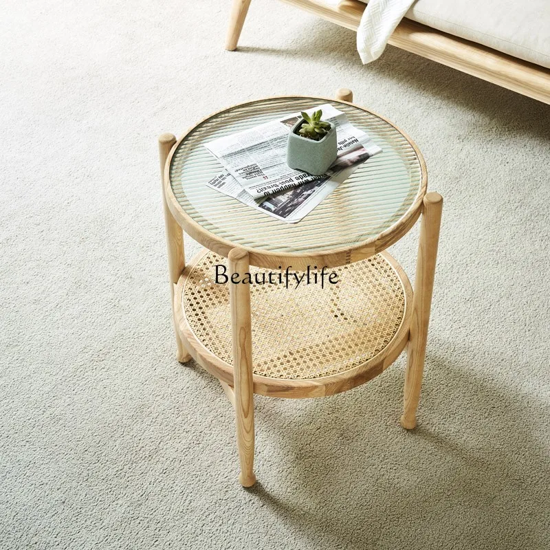 

Modern Simple Small Apartment Size round Tea Table Solid Wood Rattan Double-Layer Glass round Tea Table