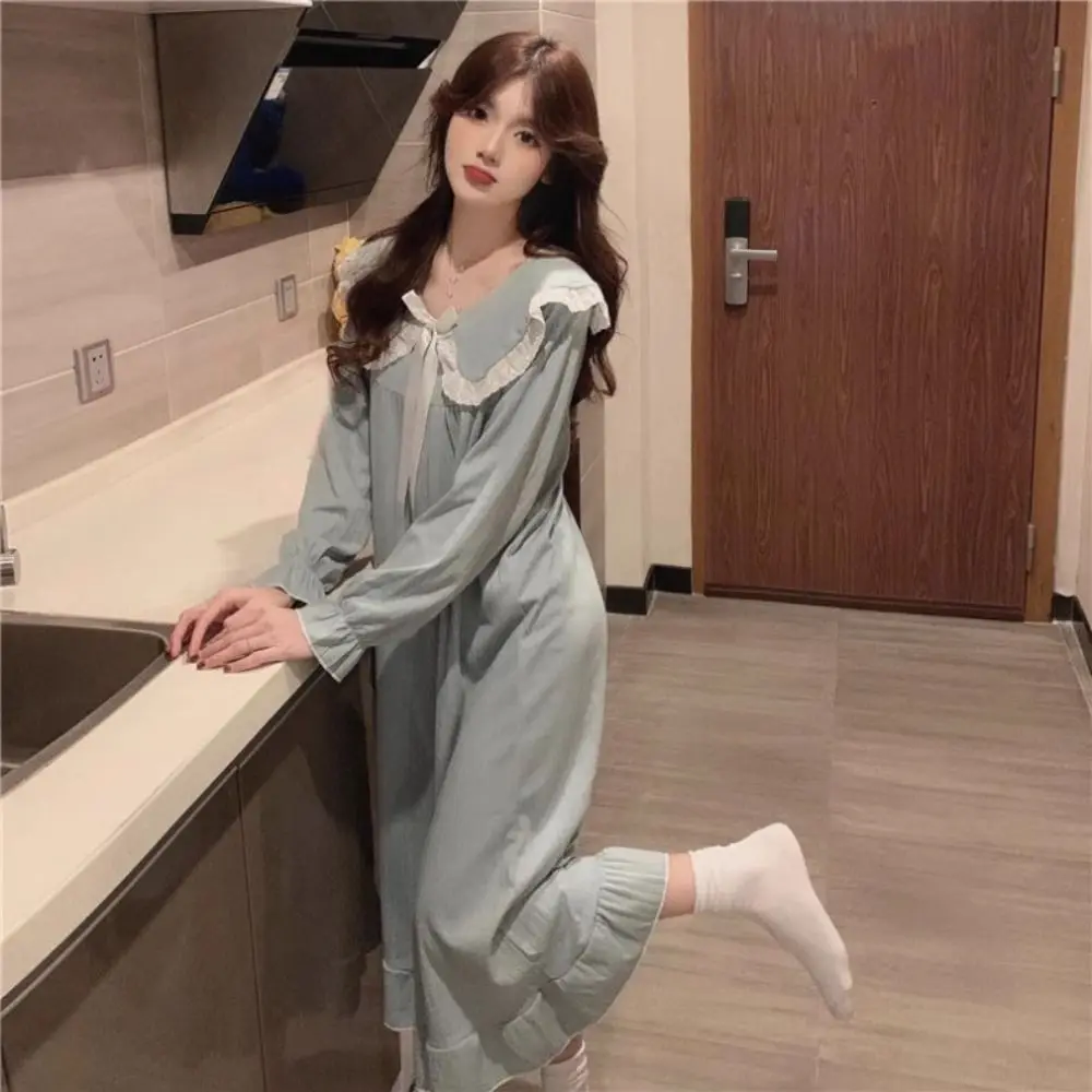 

Comfortable Lace Pajamas Nightgown Women Collar Sweet Bowknot Ruffle Nightdress Ruffle Loose Long Sleeve Sleepwear Home