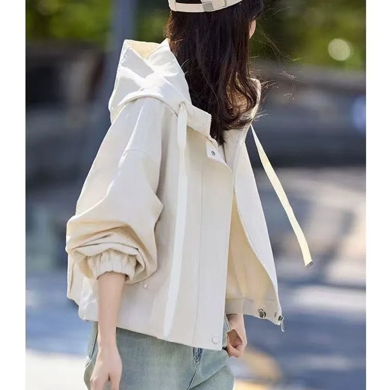 

2025 New Spring Autumn Woman Loose Casual Coat Windbreaker Women's Short Hooded Jacket Student Sports And Casual Jacket Coat