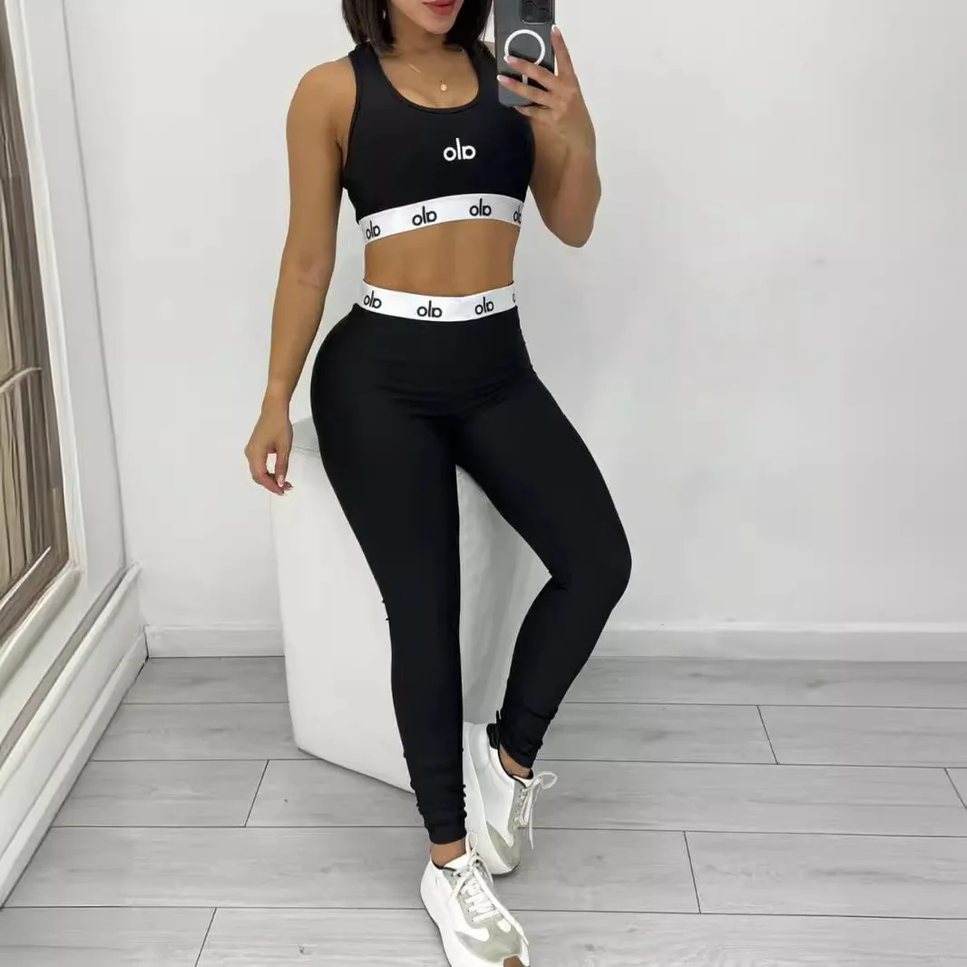 Summer Fashion Yoga Sports Casual Stretch Two-Piece Set 2024 New Short Vest High Waist Trousers Embroidery Letter Set