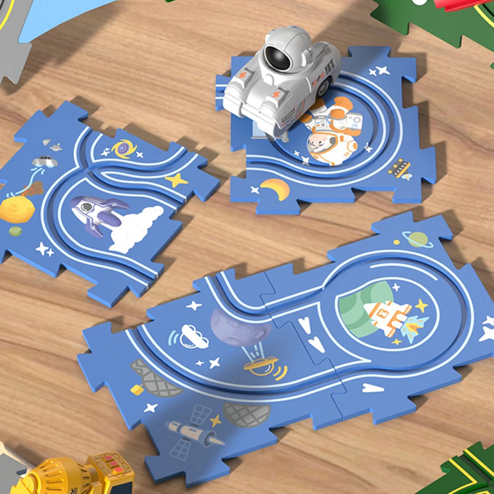 Quebra-cabeça elétrico pista carro diy montagem brinquedos para crianças espaço ferroviário automático cena militar construção brinquedo educativo presente