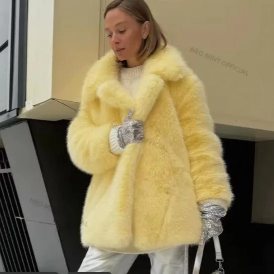 

Women Fox Fur Coats Long Sleeve Thick Warm Jackets Lapel Solid Loose Coat Streetwear Spliced Elegant Jacket Autumn Winter
