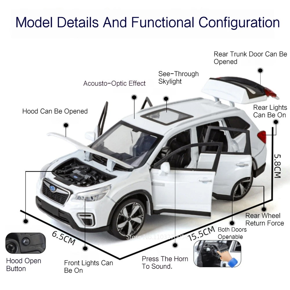 1/30 SUBARU Forester Model Car Toy Diecast Alloy SUV Sound Light Pull Back 6 Door Opened Metal Body Rubber Tire Toy Gift for Kid