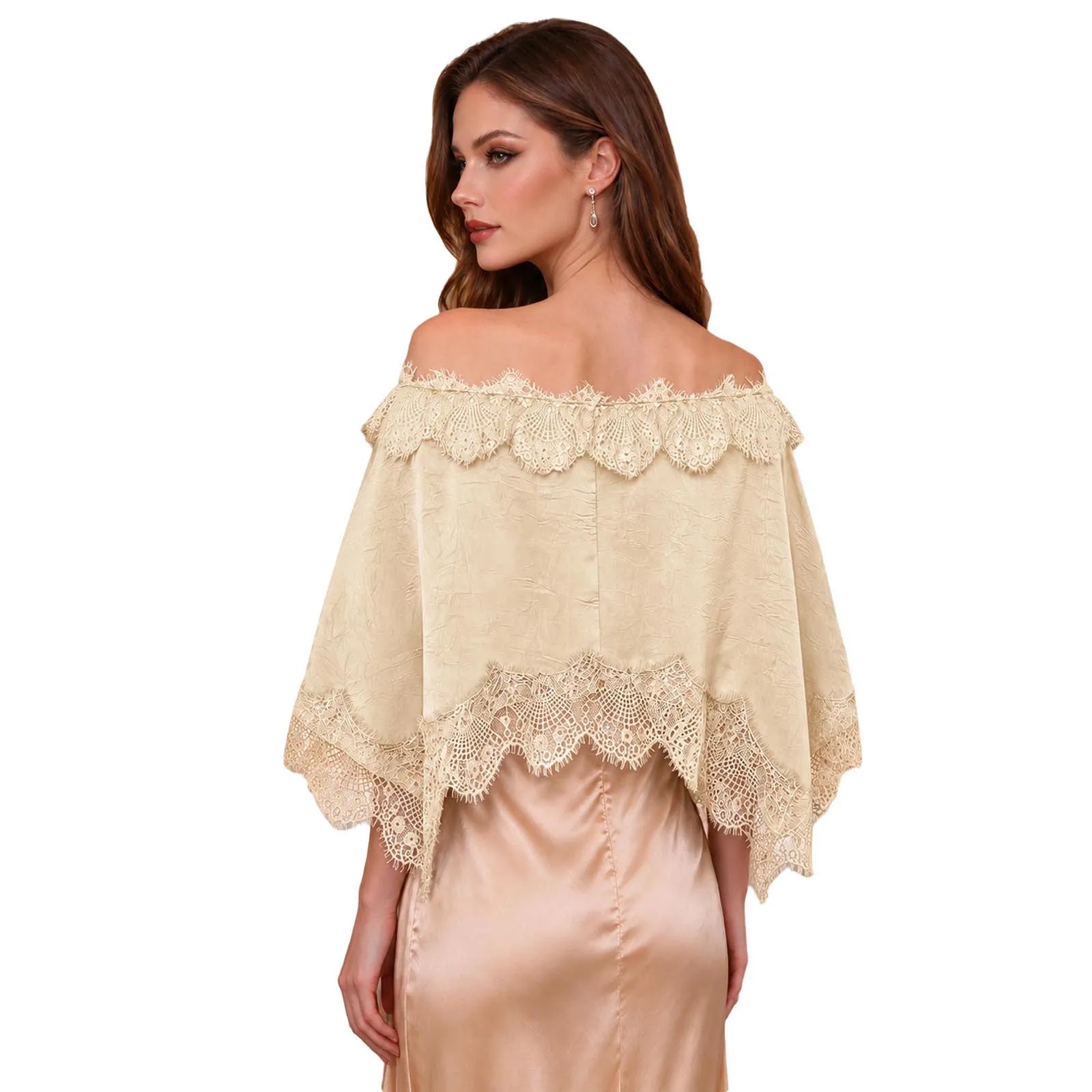 Women Lace Trim Satin Cape Shawl Irregular Hem Cover Up Wraps Top for Formal Event Evening Party Prom Wedding Cocktail Banquets
