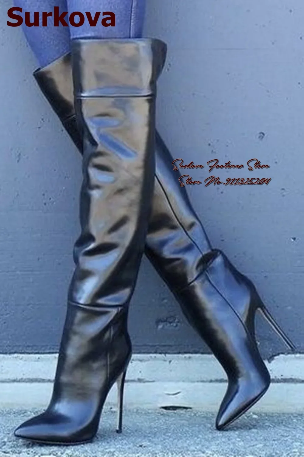 

Surkova Black Pink Brown Matte Over-the-knee Boots Zipped Thin High Heel Pointed Toe Long Boots Slim Fit Splited Dress Shoes