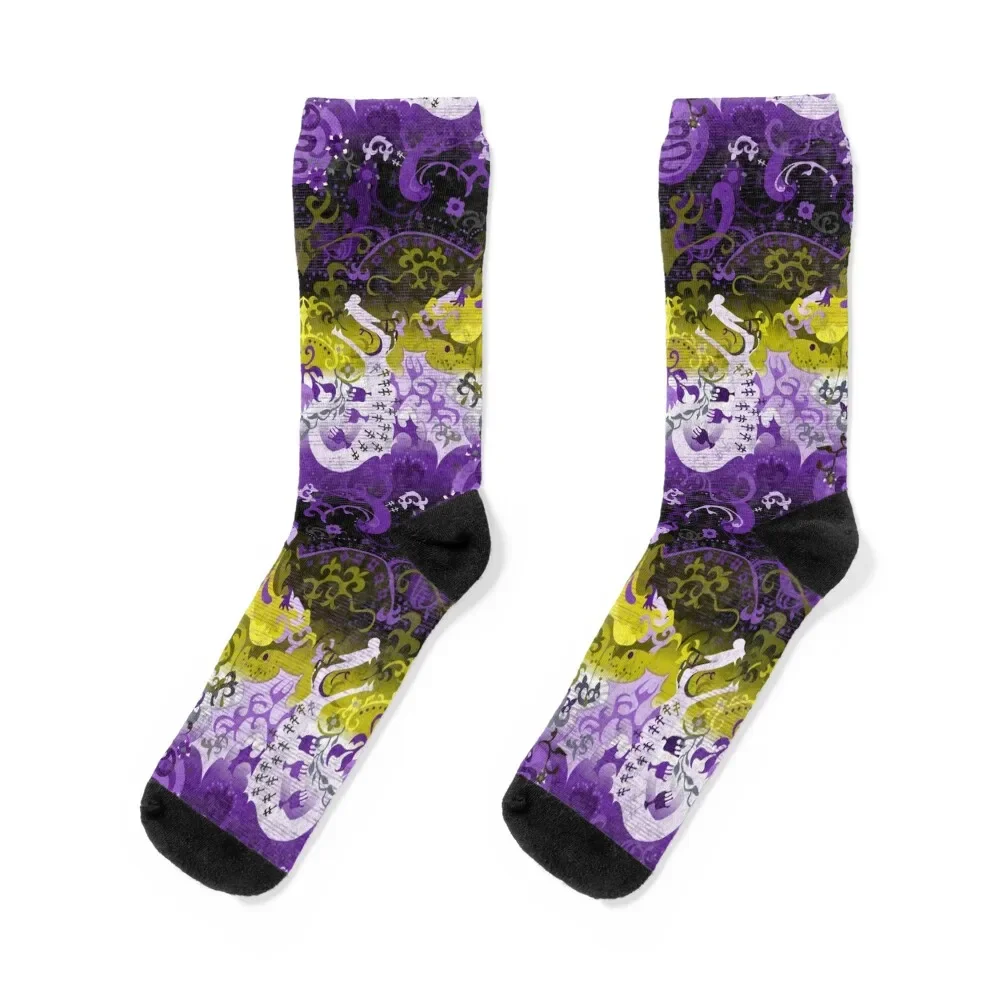 

Non-binary Dragon Damask -- NonBinary Pride Flag Colors Socks gifts Toe sports sheer happy Socks For Men Women's