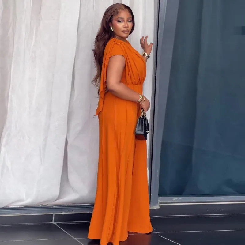 2026 African Women Orange Jumpsuit Elegant V Neck Ruched Draped Shoulder High Waist Vertical Stitch Wide Leg Party Long Romper
