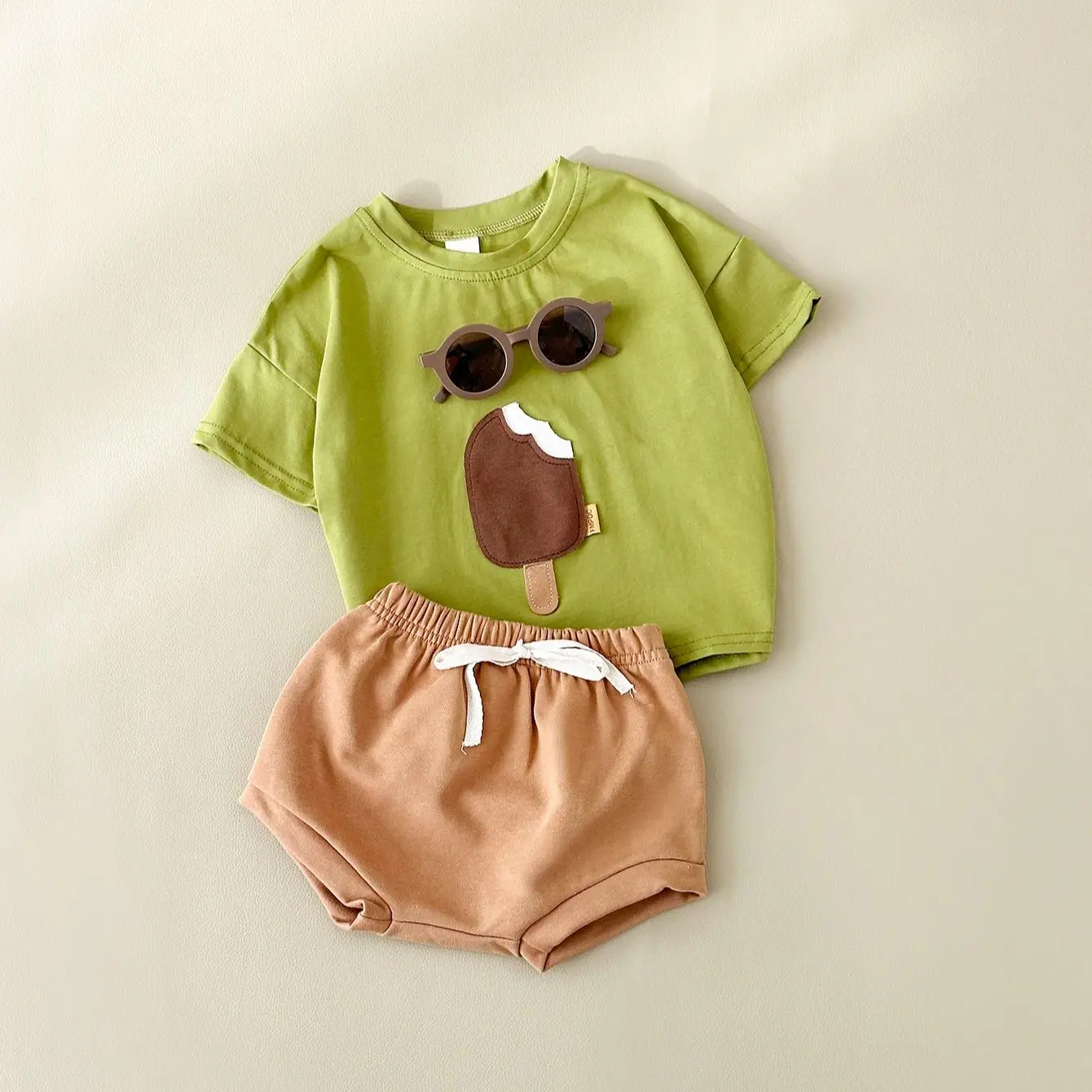 Newborn Summer Baby Children Clothing Set Boy Girl 2PCS Ice Cream Patch T-shirt+Triangle Shorts Cotton Infant Suit Kids 0-3Y