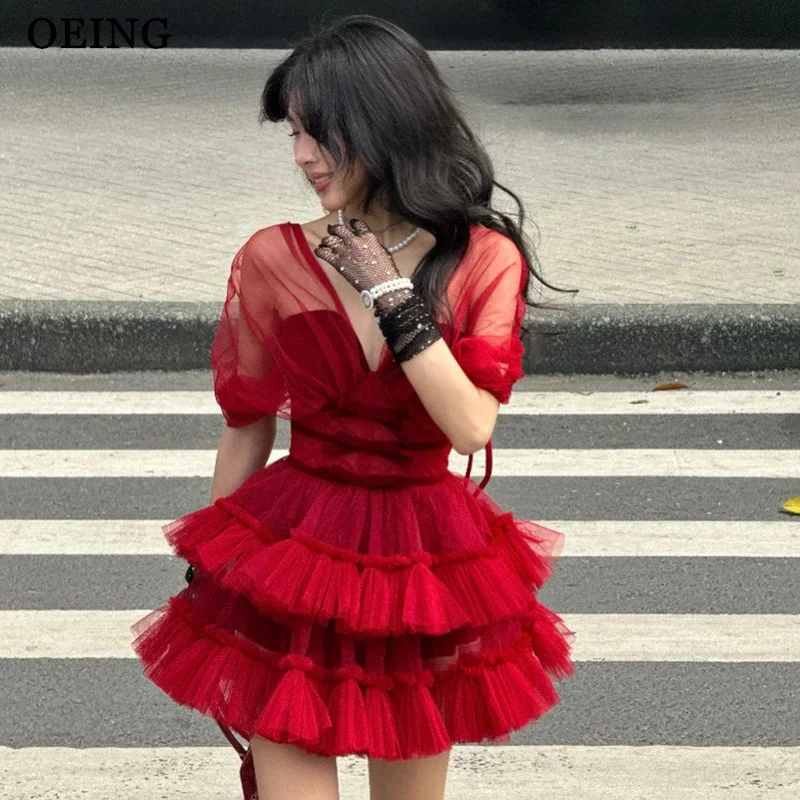 

Романтическое красное тюлевое платье для вечеринки OEING, мини-платье для выпускного вечера с пышными рукавами, V-образным вырезом и многоярусными оборками, женское иллюзионное коктейльное платье на заказ