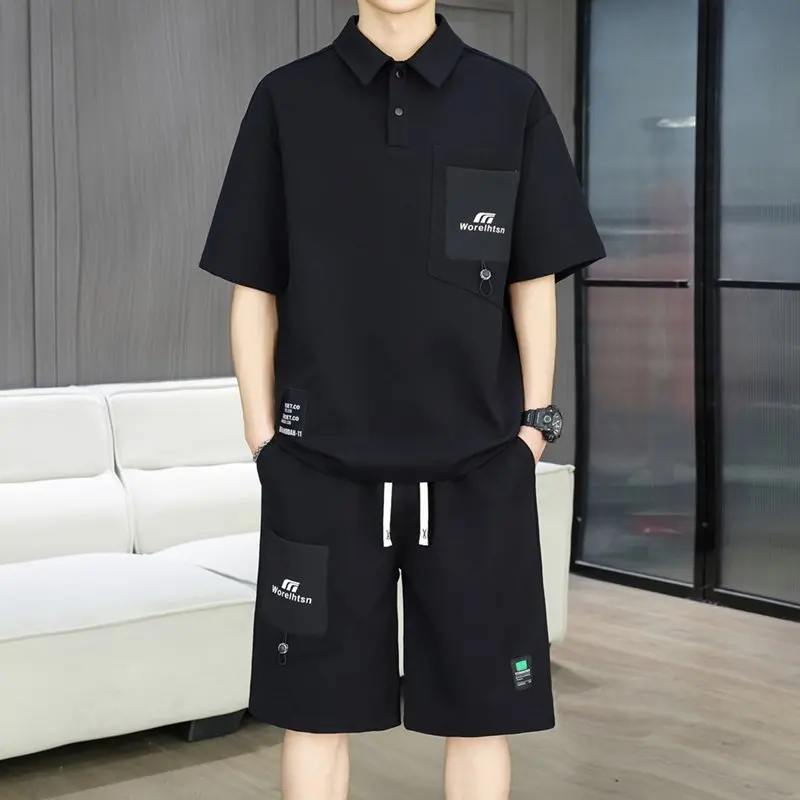 2026 Summer men Fashion personality letter printed   Short-Sleeved T-shirt Set Men's Loose Sport Breathable Large Size Two-Piece