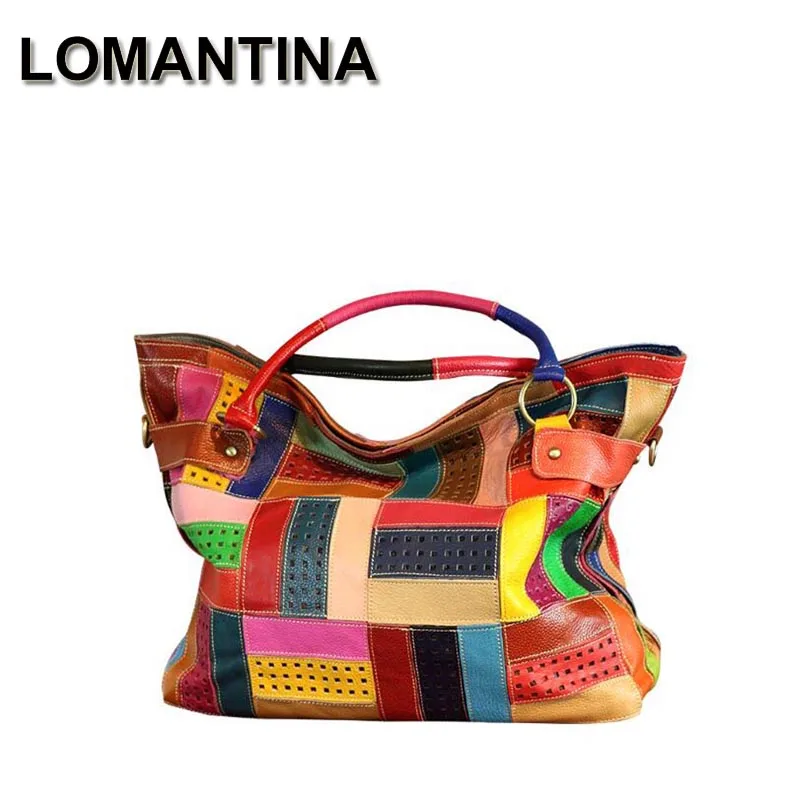 LOMANTINA Genuine Leather Hollow Out Women Shoulder Bags Trendy Colorful Patchwork Tote Beach Travel Large Capacity For Female