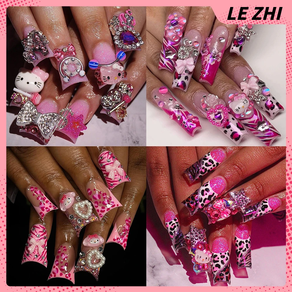 

3D Y2K Sanrio Hello Kitty Euro-American Pink False Nail French Style Duckbill Xl Leopard Print Streak Design Full Cover Nail Tip