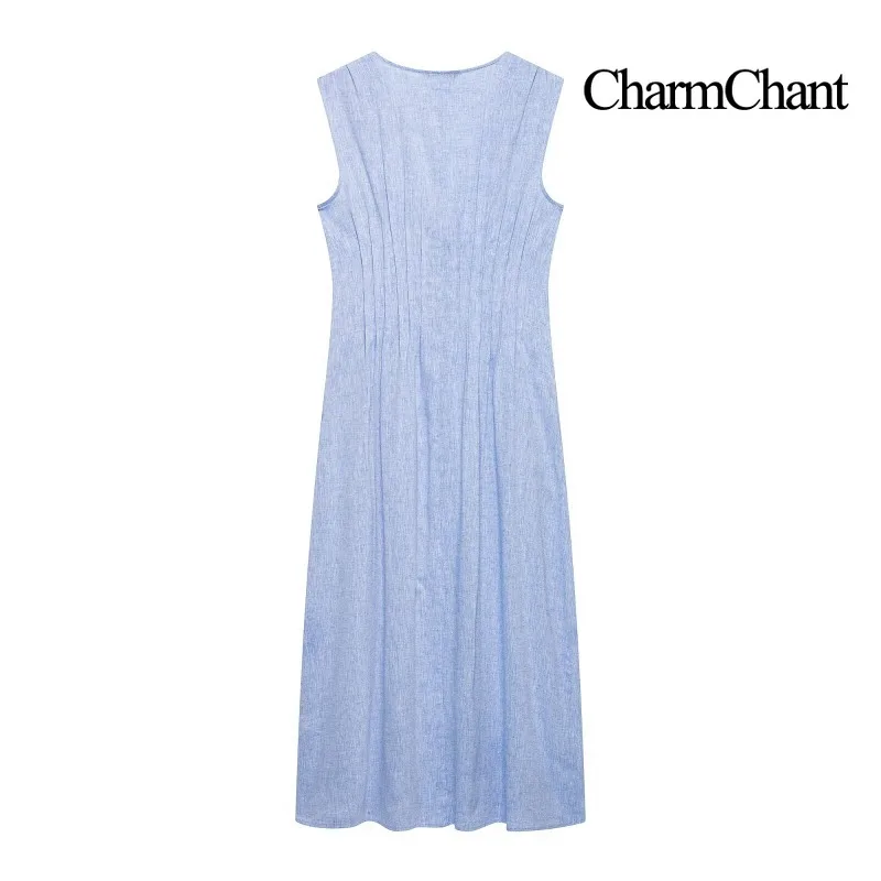 CHARMCHANT Women's V Neck Sleeveless Linen Midi Dress Front Pin Tucks Bead Drawstring Pocket Loose Casual Vacation Dress Summer