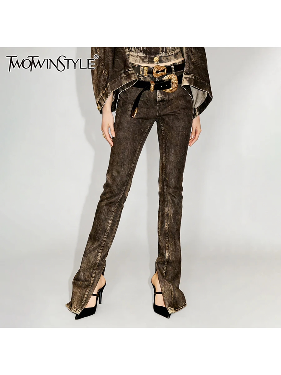 

TWOTWINSTYLE Solid Slimming Fashion Jeans for Women High Waist Split Patchwork Pockets Temperament Pant Female Autumn Clothing