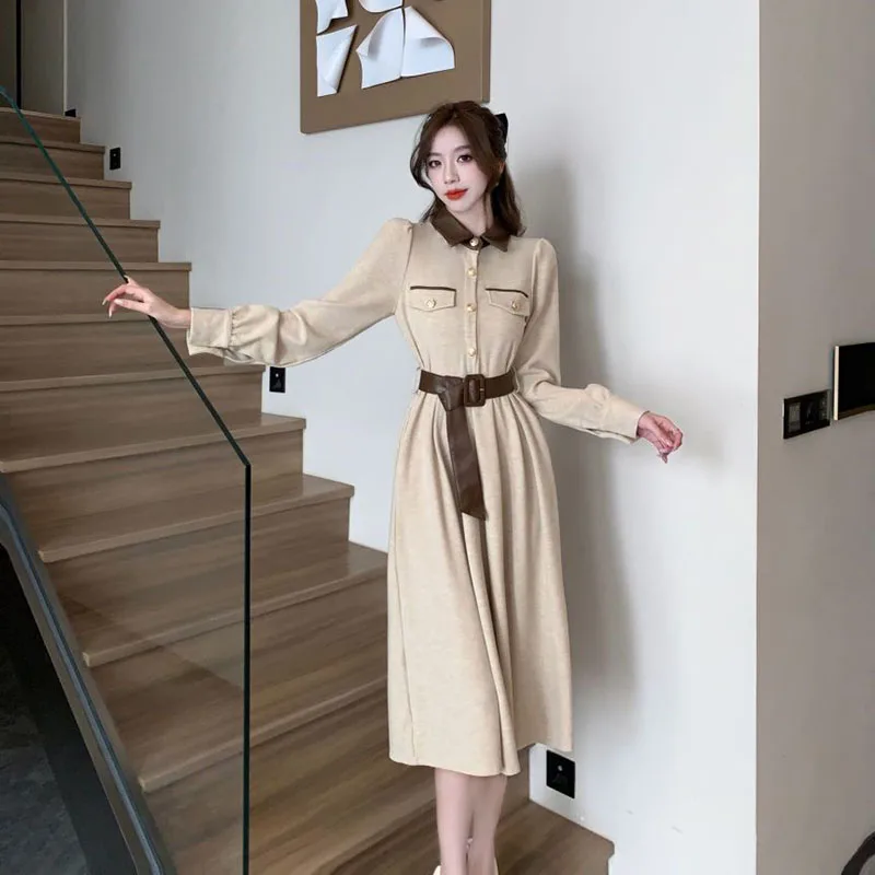 Patchwork Dress Women Elegant Long Sleeve Turn Down Collor Belt Pu Autumn Winter Dress Fashion Casual Office Lady Skirt