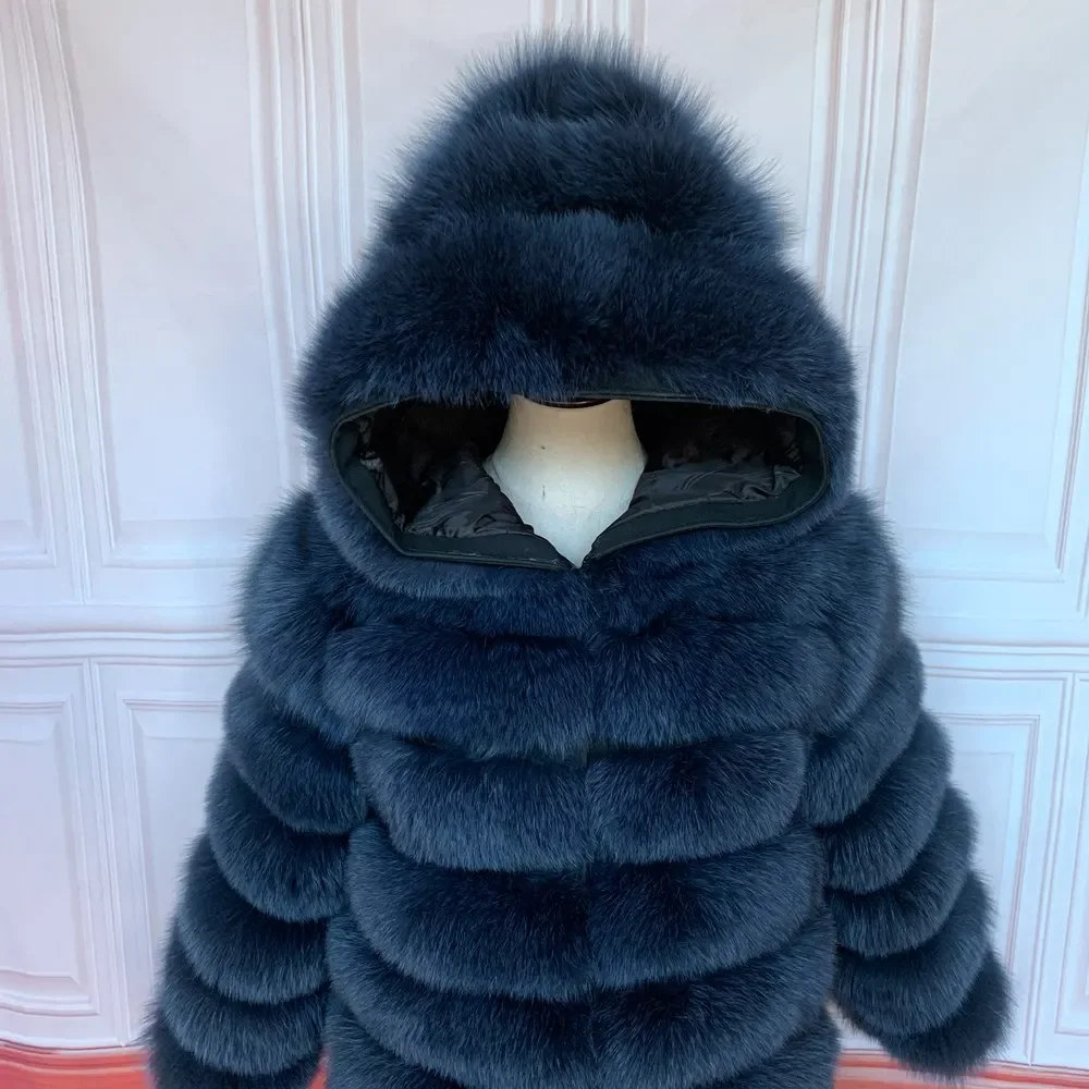 QUEENTINA Hood Fur Coat Women Real Fox Long New Luxury Female Natural Leather Jacket Warm Thick Long Winter Fur Vest Waistcoat