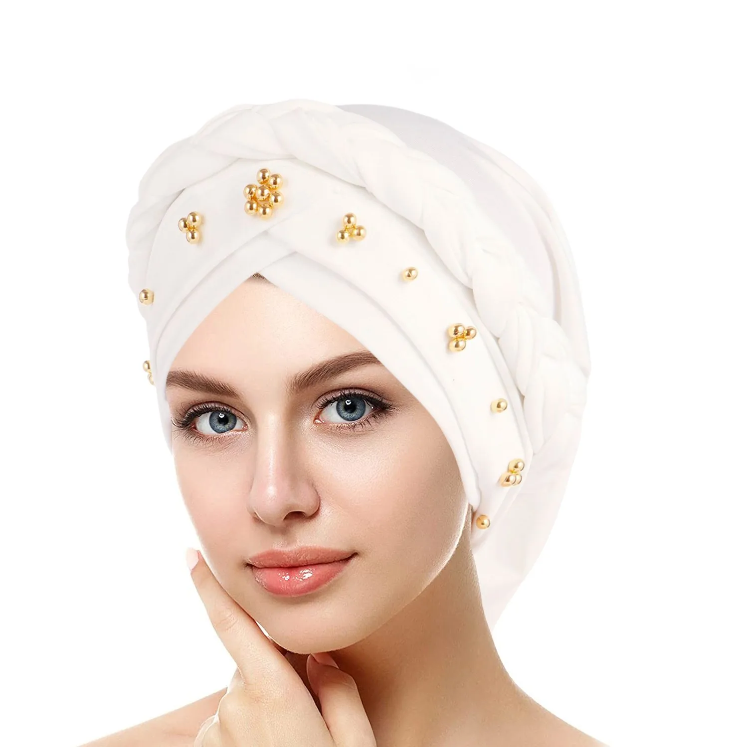 Women Lady Beads Muslim Braid Head Turban Wrap Cover Cancer Chemo Islamic Arab Cap Hat Hair Loss Bonnet Beanies Fashion