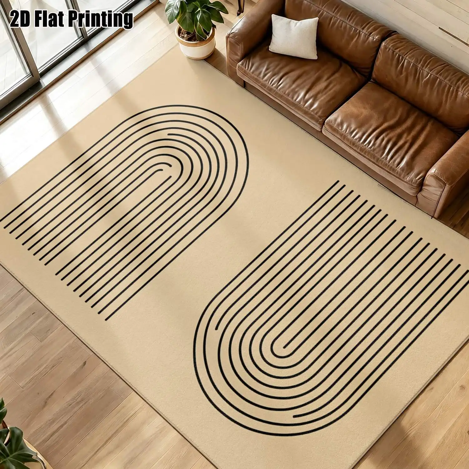 1Pc 2D Printed Black Line Geometric Pattern Carpet Modern Minimalist Nordic/Instagram Style Floor Mat, European Style Home Decor, Multi-Size, Machine Washable, for Entrance, Dining, Foyer, Bedroom, Living Room.