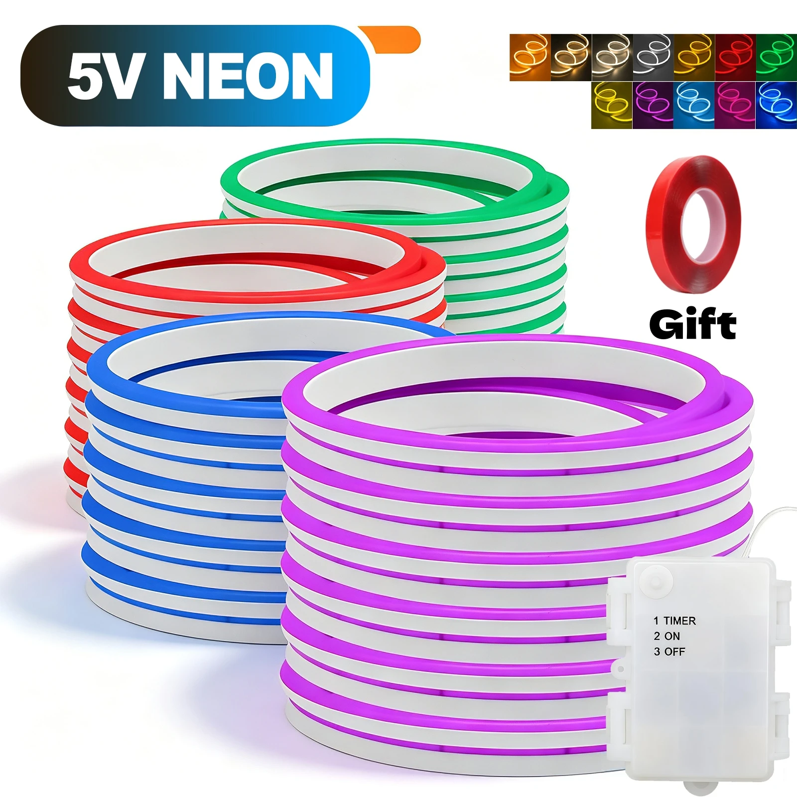 Battery Powered Flexible Neon LED Strip Lights IP65 Waterproof DIY Design Adhesive Tape Lamp For Home Decor White Red Green Blue