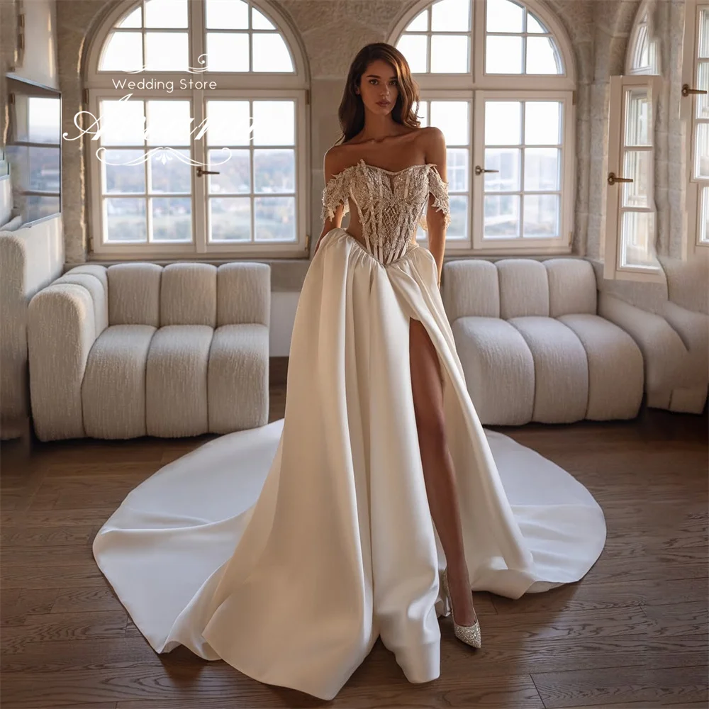 

Aviana Customized Off The Shoudler High Side Split A-Line Wedding Dress Sweetheart Lace Applique Sequin 2025 Sweep Train Elegant