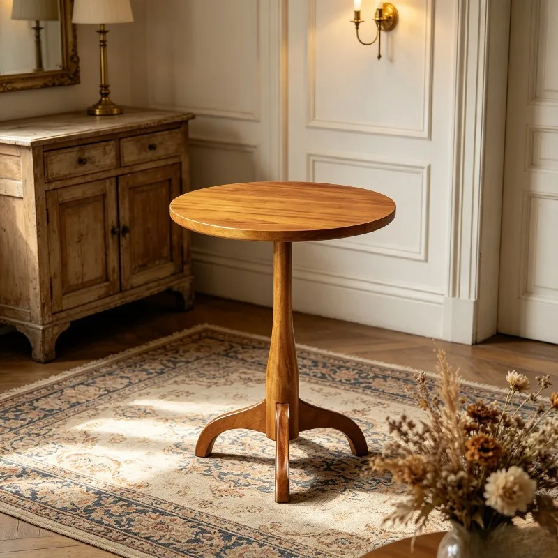 American Solid Wood Side Table, Vintage Round Accent Coffee Table, Small Sofa End Stand, Compact Occasional Telephone Desk view 3