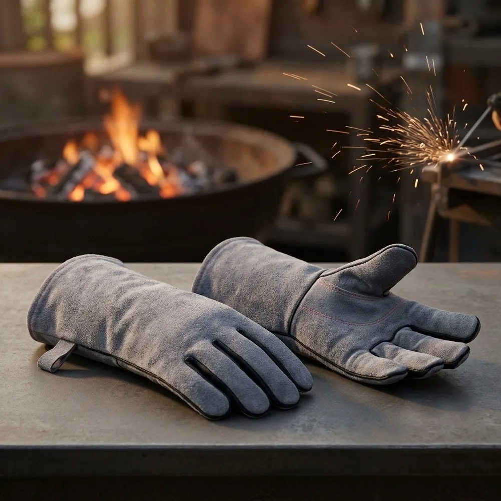 Welding Gloves 16 Inch Gray with Extended Arm Coverage for Use in High Heat Environments Like BBQ Pits and Welding Booths