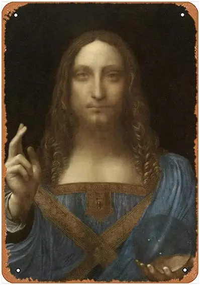 AirBnk Leonardo Da Vinci Salvator Mundi - Affiche murale vintage en métal, 8x12 pouces, décoration de bureau, panneaux métalliques amusants, panneau Ga