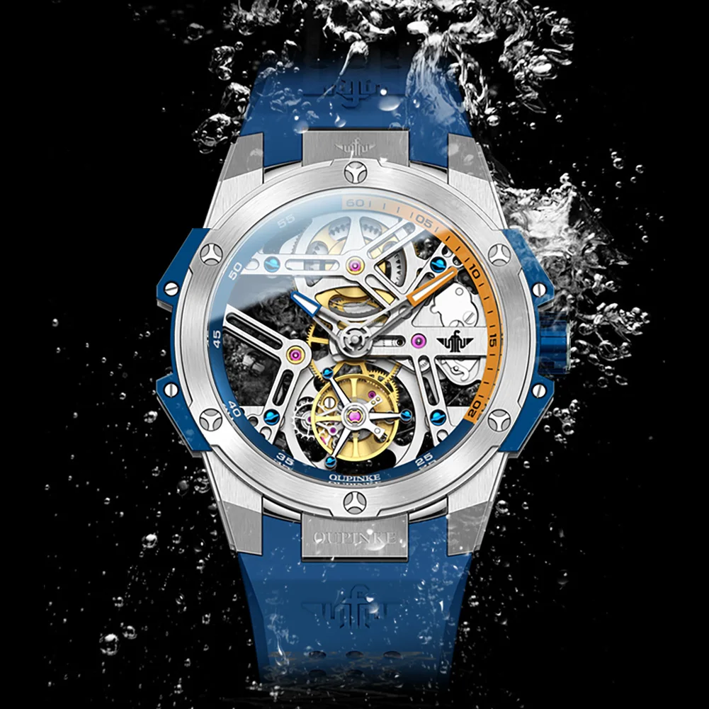 Oupinke tourbillon relógio para homem de luxo de alta qualidade relógio de pulso mecânico automático pulseira de silicone à prova dwaterproof água relógios masculinos 8003