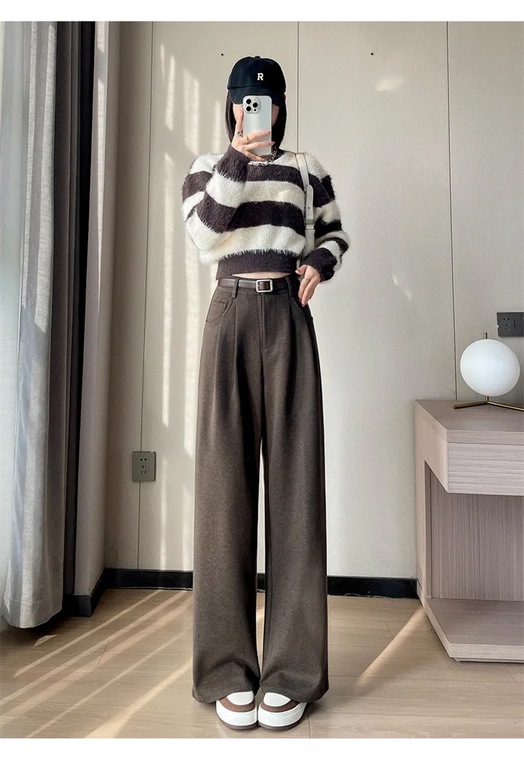 2023 Autumn and Winter New Wool Blended Wide-Leg Pants Straight Mopping Pants High Waist Slim Lengthened Casual Pants for Women