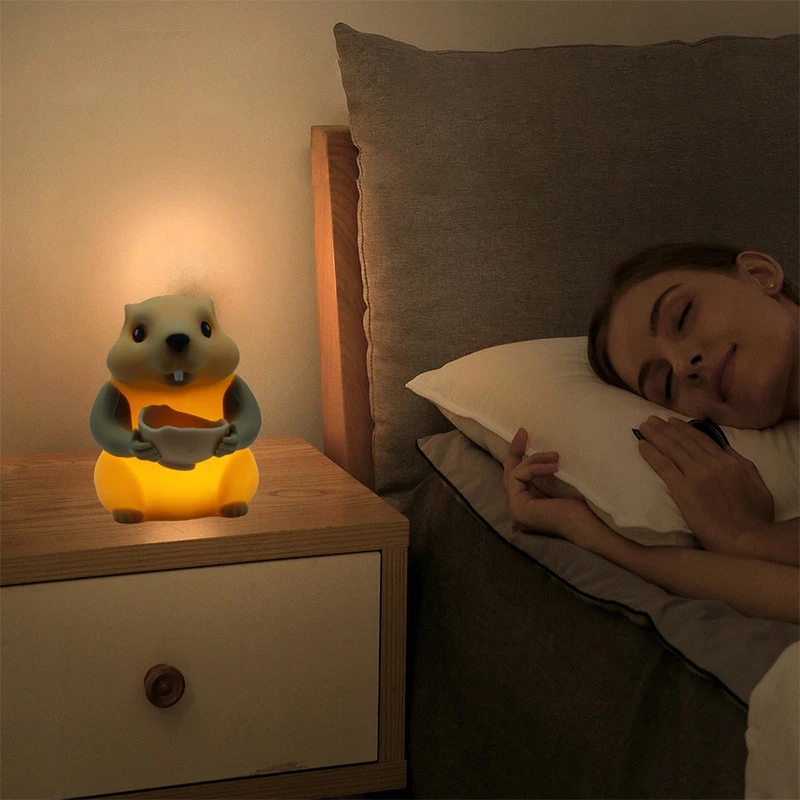 

Night Light Animal Lovely Gift Groundhog Cute Silicone Lamp With Bowl Pat Control Warm Soft Light USB Rechargeable For Bedroom