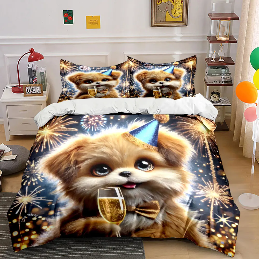 Adorable dog in party hat enjoying celebrations Print Duvet Cover Bedding Set Included 1*Duvet Cover 2*Pillowcases