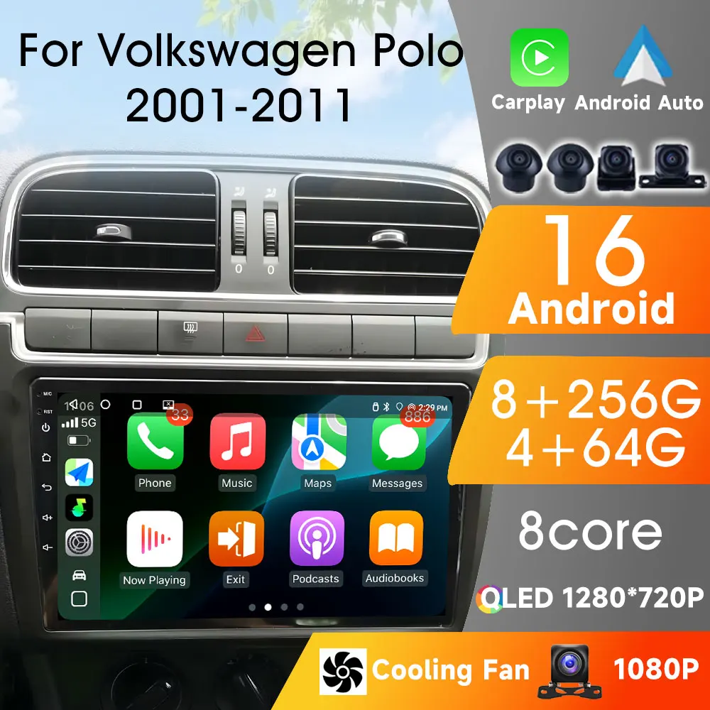 

Для Volkswagen Polo 2001-2011 авторадио Android 16, плеер, автомобильный радиоприемник, Android Auto, Bluetooth, беспроводной мультимедийный плеер