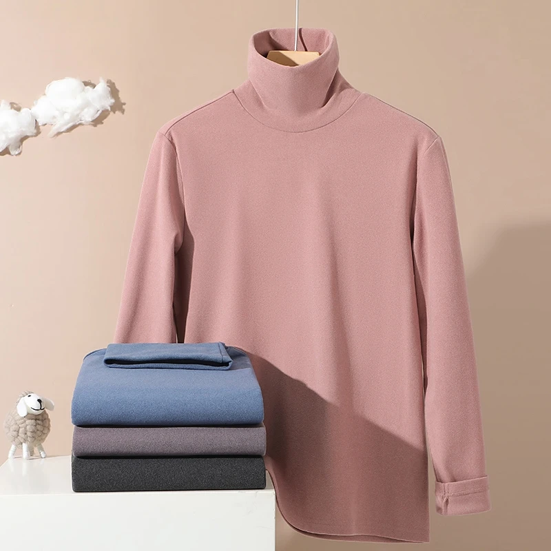 CUMUKKIYP Ribbed De Rong Long Sleeve T-shirt Top for Men's 2023 Autumn/Winter Warm High Collar Solid Color Pullover