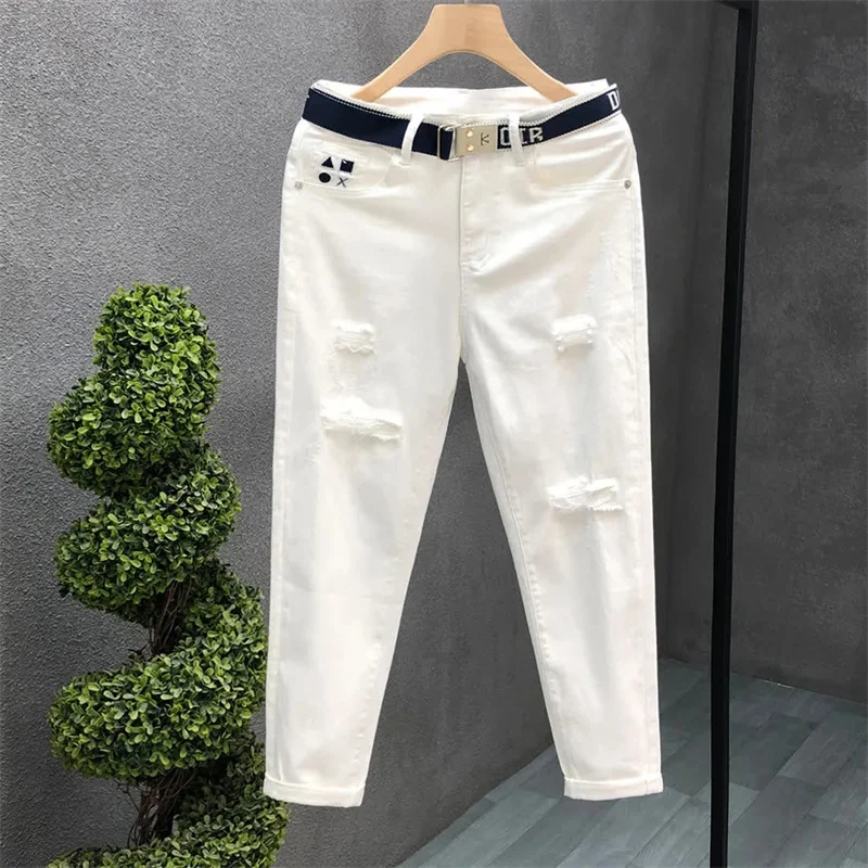 

Social Rascal Красивые белые джинсы с пирсингом, мужские модные брюки Pai с девятью частью, мужские летние тонкие облегающие брюки 2025 года с маленькой ножкой WLF