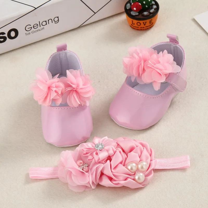 Girls\' shoes, newborn\'s first step shoes, baby princess shoes, soft soles, anti-slip shoes, PU flower leather shoes+hair band