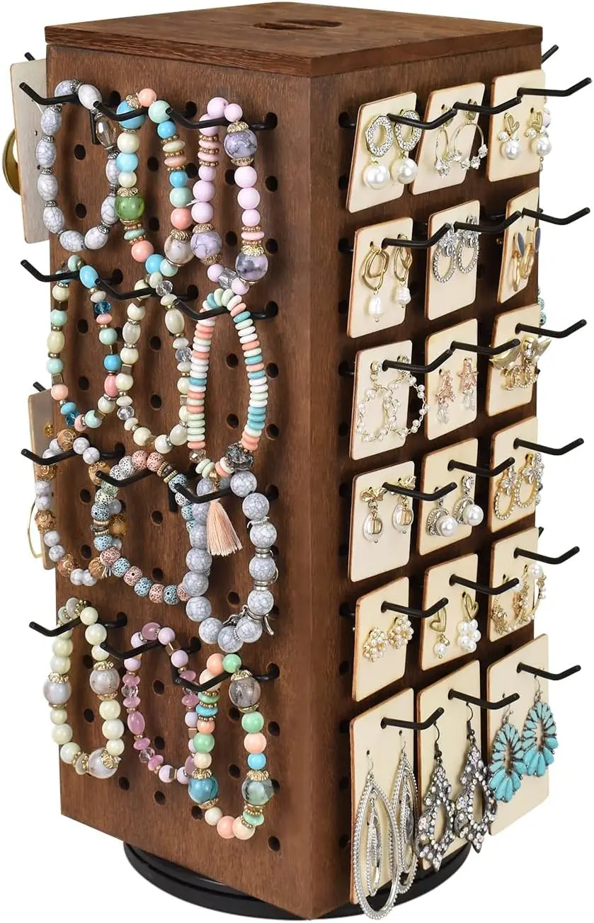 

Деревянная вращающаяся четырехсторонняя стойка для ювелирных аксессуаров из перфорированной доски, вращающаяся витрина для ювелирных изделий с крышкой для большого внутреннего хранения