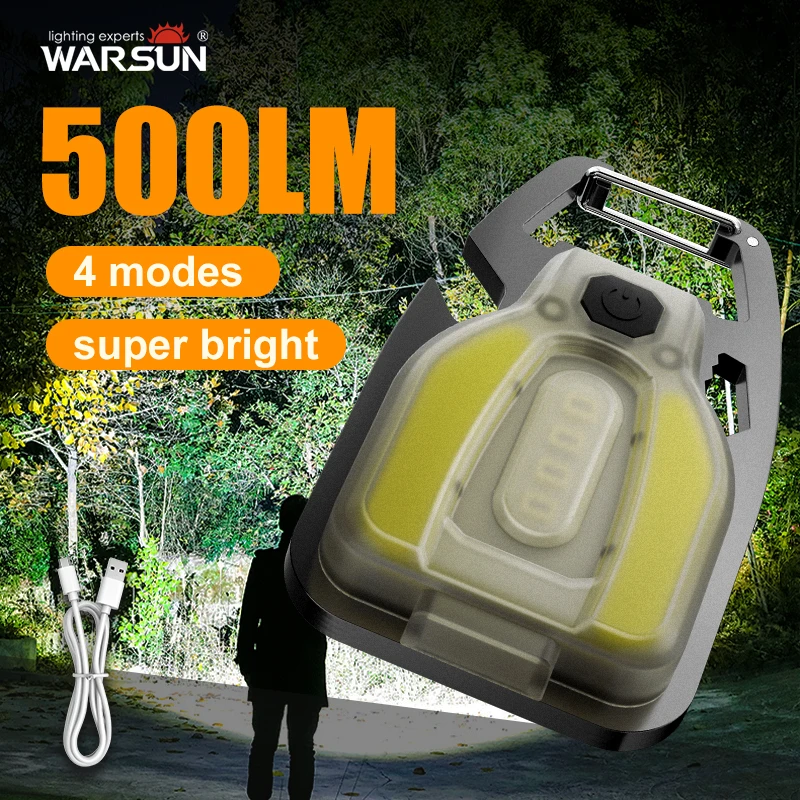 Warsun-Chaveiro Lanterna, Tipo C, Multifuncional, Recarregável, Portátil, Projector de LED, Lanterna Lâmpada para Camping, 500 Lumen