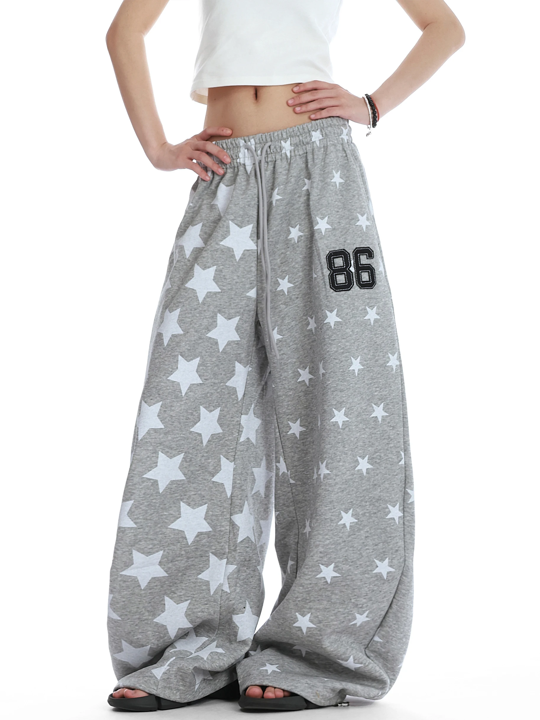 

Retro American Star Print Embroidery Sweatpants ex Loose Wide Leg Casual Pants Couples Trendy Youth Polyester Fiber