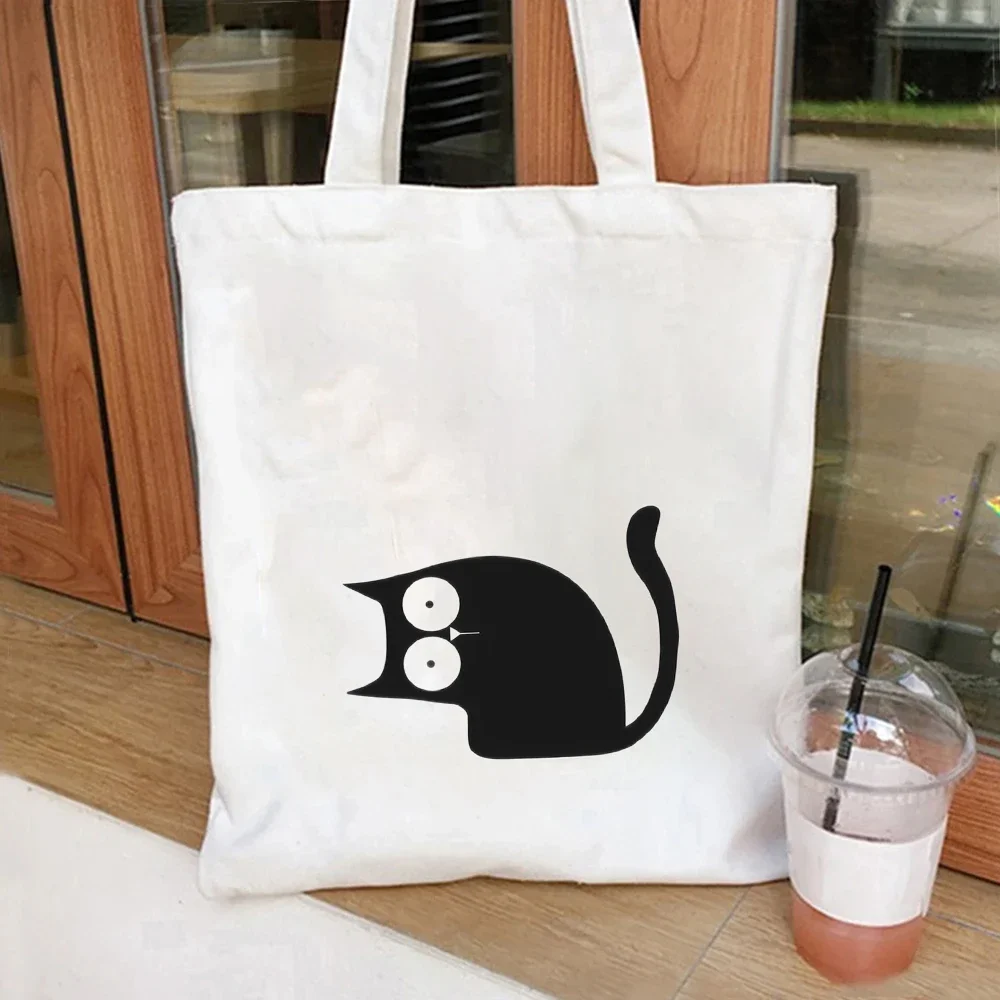 1pc Minimalist Black Cat Print Canvas Tote Bag, Reusable Shoulder Bag with Cute Silhouette, Ideal for Cat Lovers & Casual Days