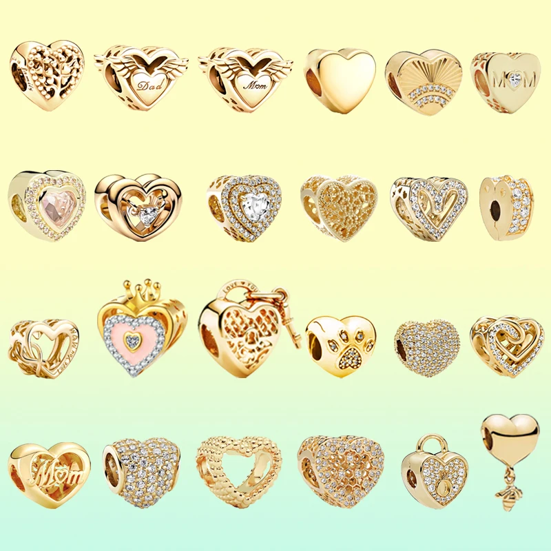 Sparkling Golden Heart-Shaped Mom & Dad Family Tree Charm Beads Fit Original European 925 Silver Bracelet DIY Women Jewelry Gift