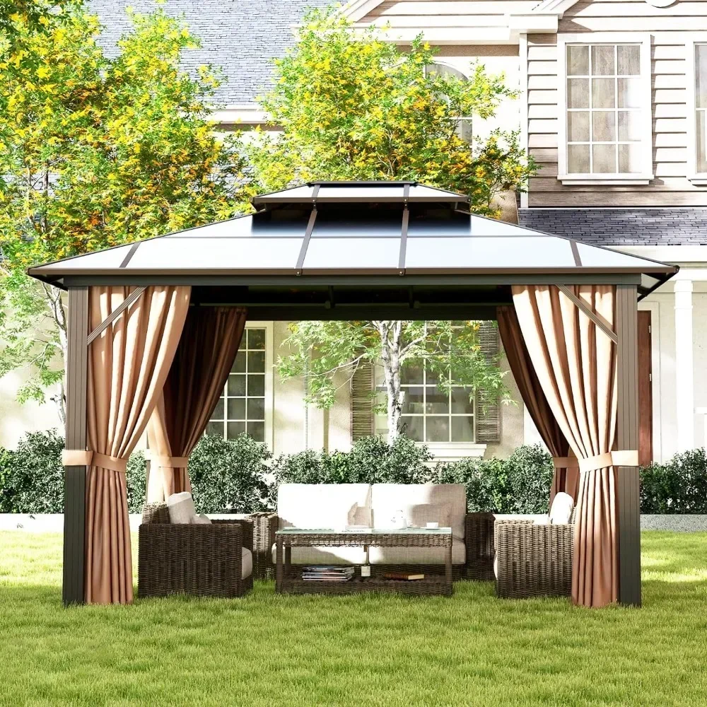 Outdoor Patio Gazebo, Double Roof Gazebos with Aluminum Frame Permanent Pavilion and Curtains & Netting, Patio Gazebo