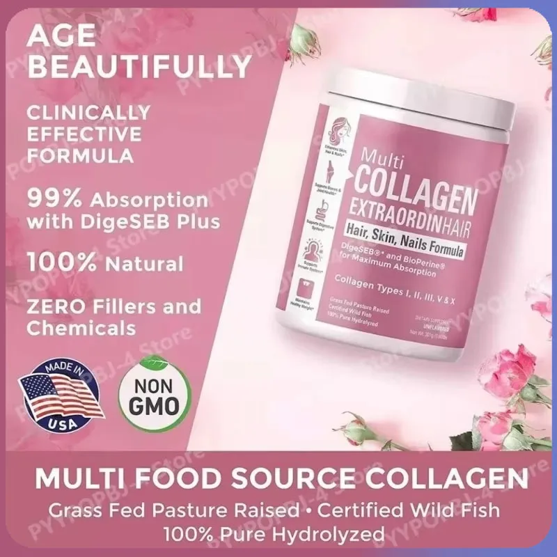 

Multi Collagen Peptides Powder Supplement Types I, II, III, V, X - 5 Hydrolyzed Supports Skin Health Bone Joint Unflavored 301g