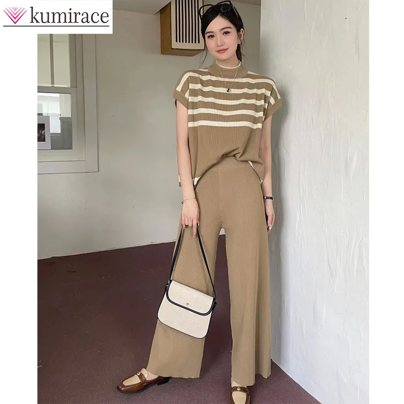 

Simple, Fashionable, Niche Striped Knitted Camisole Top+fashionable Slim Fit Wide Leg Pants for Women Sweater Matching Pant Sets