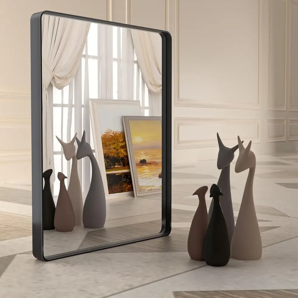 Espejo de baño con marco negro mate de 38 pulgadas, vidrio templado con esquinas redondeadas, espejo de tocador de montaje en pared estilo granja