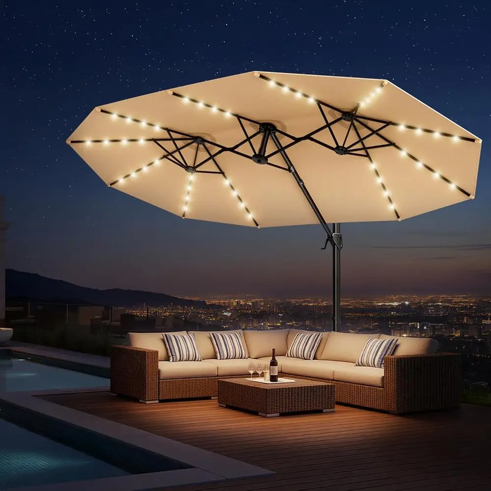 

Extra Large 15ft Cantilever Umbrella with Light and Base, Ideal for Patio, Pool, Deck, or Garden (Beige)