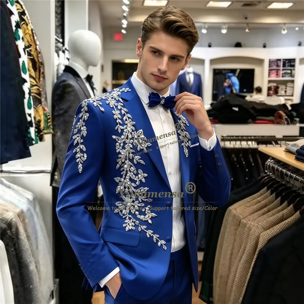 Elegant Beaded Stones Suits Men For Wedding Single Breasted Jacket Pants 2 Piece Groom Tuxedo Customized Man Red Carpet Outfits