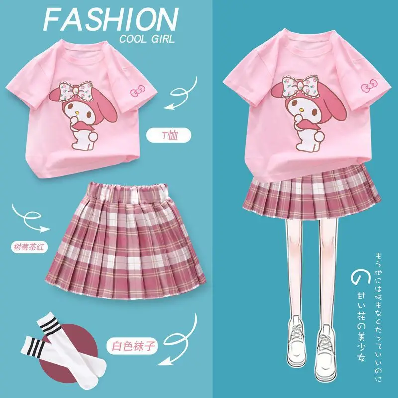 Cute Sanrio My Melody Girls' Dress Summer Cartoon Children's Pleated Skirt Suit Kawaii College Style Mini Skirts Girls Gifts